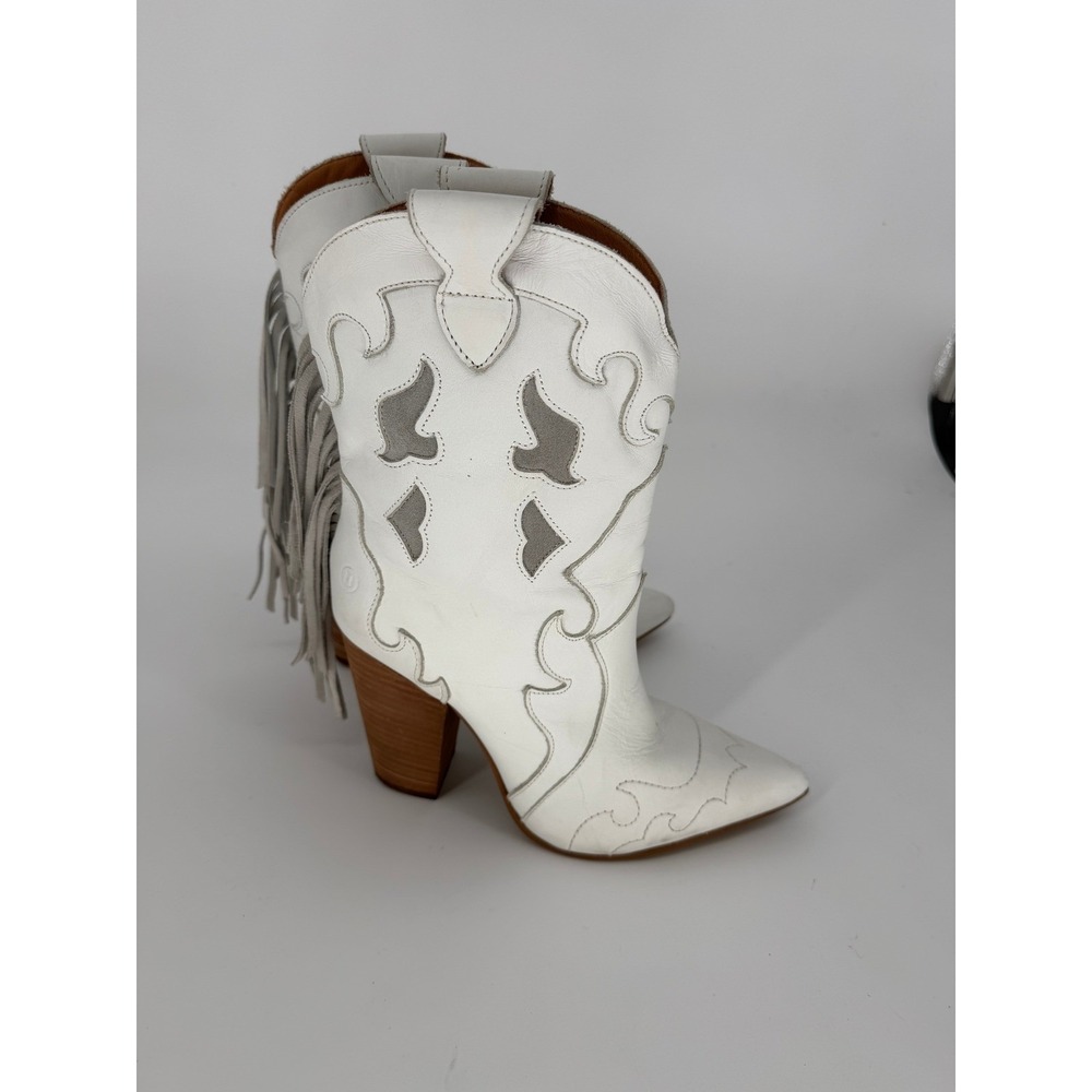 Dingo Womens White Leather Fringe Western Boots Pointed Toe Block Heel Size 9.5